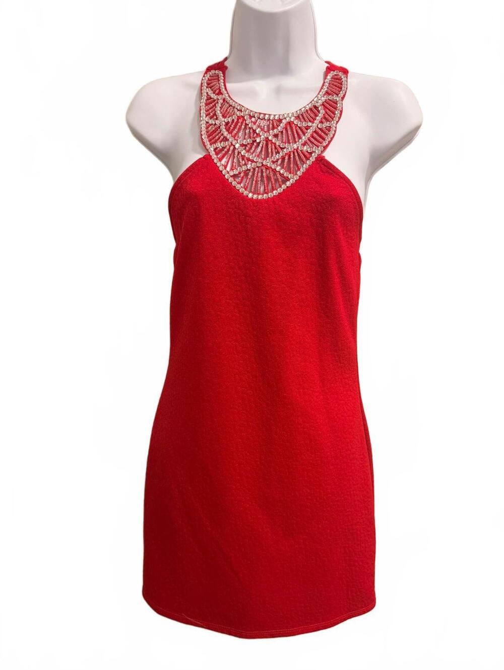 Vintage Y2K Poetry Red Rhinestone Halter Mini Dress Backless Party Clubwear